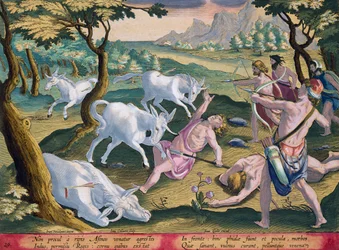 Unicórnios nas margens do rio Indo, caçados por permissão do rei, placa 29 de &39;Venationes Ferarum, Avium, Piscium&39; (de caça: feras, pássaros, peixes) gravada por Jan Collaert (1566-1628) pub